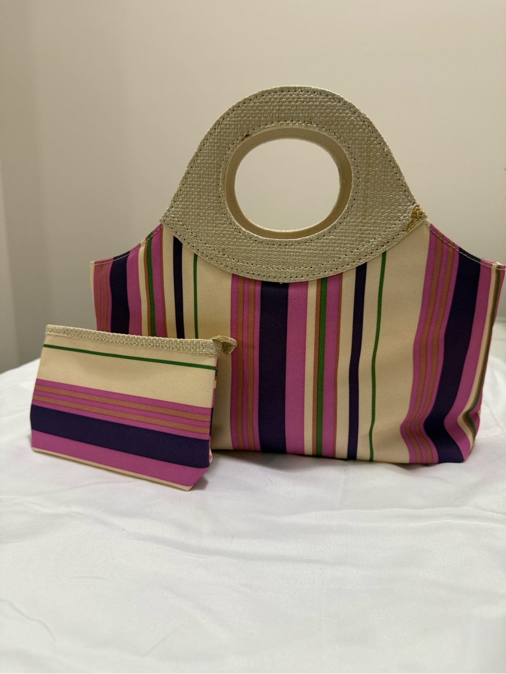 Striped Pink & Cream Tote Handbag with Matching Pouch